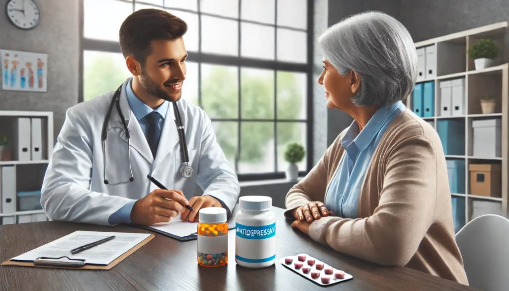 A modern doctor's office featuring a healthcare professional discussing dementia care with a patient, with antidepressant medication options visible on the desk, symbolizing informed medical guidance for dementia management.