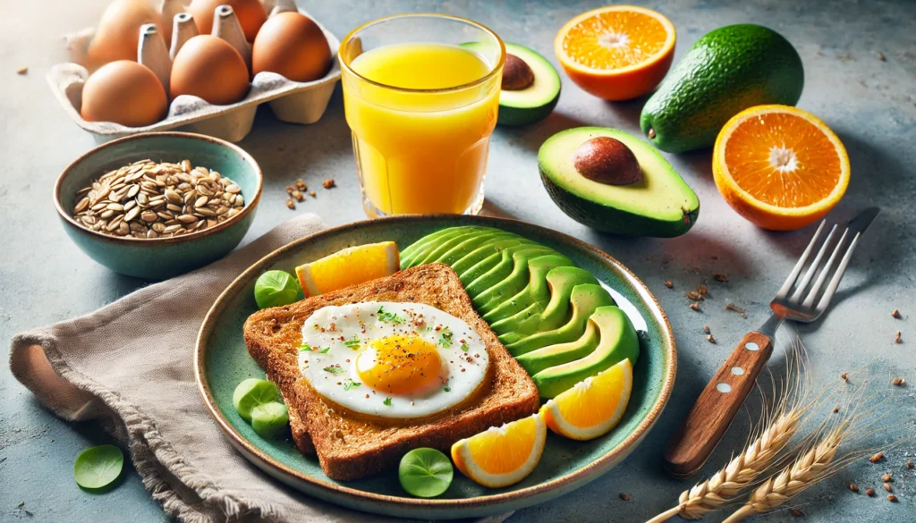 A vibrant breakfast scene with a plate of whole-grain toast, eggs, and avocado, alongside a glass of orange juice. The fresh and nutritious meal represents healthy eating for improved concentration and studying efficiency.