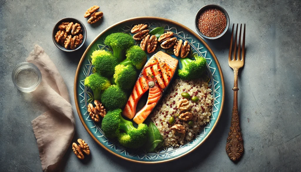 A well-balanced meal featuring grilled salmon, quinoa, steamed broccoli, and walnuts, presented on an elegant dining plate. The meal represents the importance of nutrient-dense foods in enhancing cognitive function and overall mental wellness.