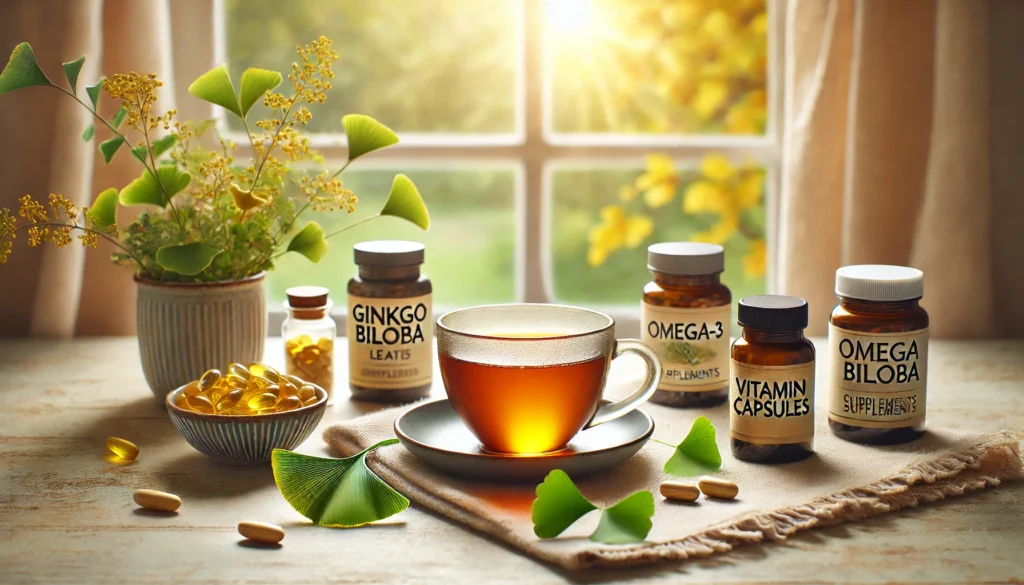 A peaceful scene with a tea cup, ginkgo biloba leaves, and natural supplements on a wooden tray—illustrating holistic approaches to the best memory supplements for dementia.