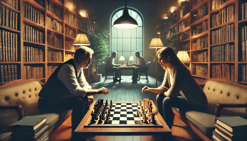 An artistic depiction of two individuals seated in a cozy library, deeply engaged in a strategic board game like chess, surrounded by bookshelves and warm lighting, symbolizing mental challenges and the cognitive benefits of the best mind games.