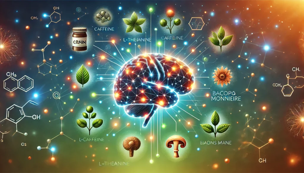 An artistic depiction of a glowing human brain surrounded by symbolic representations of popular nootropic ingredients like caffeine, L-Theanine, Bacopa Monnieri, and Lion's Mane Mushroom, set against a vibrant gradient background.