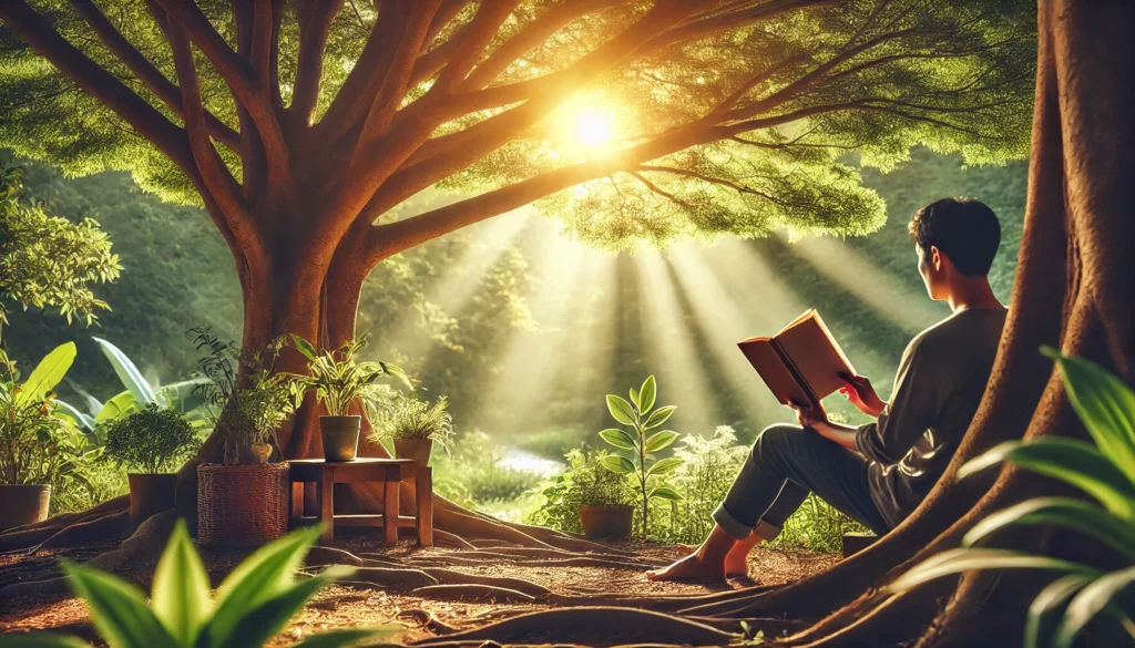 A serene outdoor setting with a person reading a motivational novel under a tree, symbolizing inspiration and personal growth