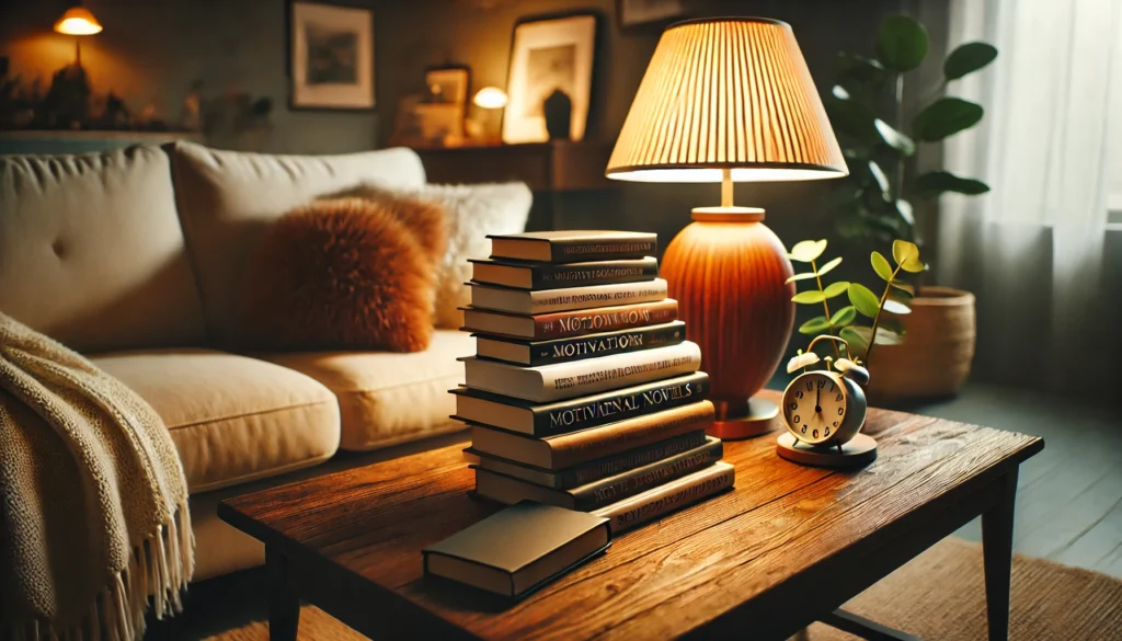 A cozy living room with a stack of motivational novels on a wooden coffee table, creating an inviting space for reading and self-reflection