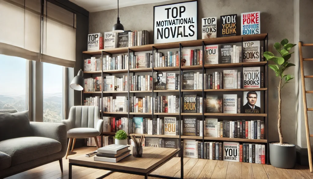 A modern bookshelf filled with top motivational novels, neatly arranged in a stylish reading space for inspiration and self-improvement