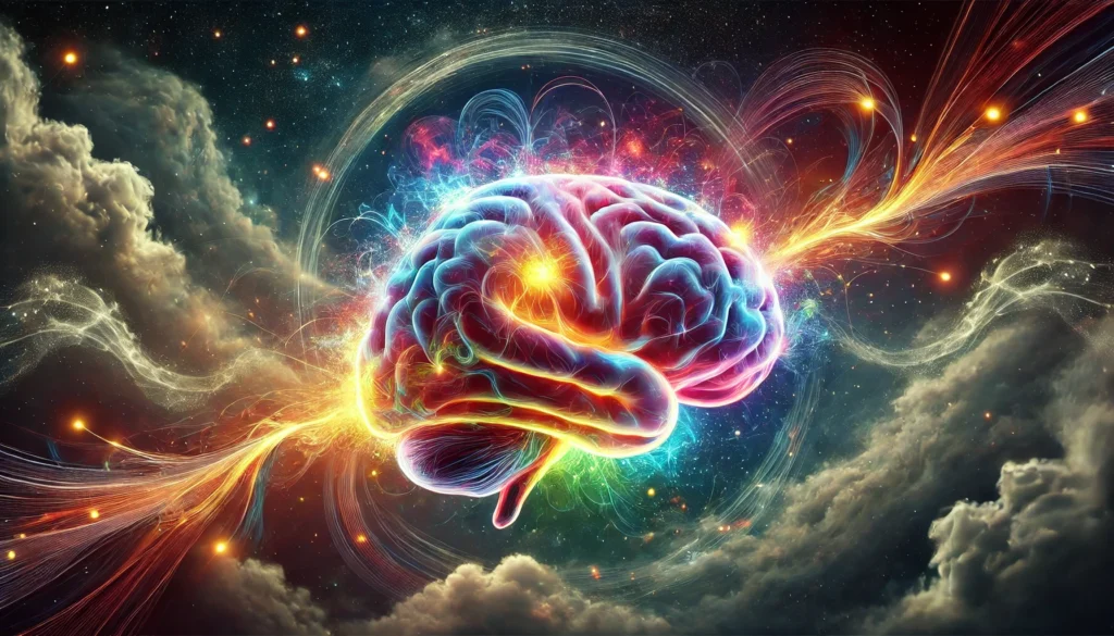 Conceptual illustration of a human brain floating in space, surrounded by swirling thought energy, symbolizing the vastness of human consciousness