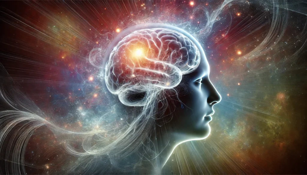 Artistic visualization of a human head in profile with an exposed brain, radiating ethereal energy waves symbolizing deep thinking and creativity