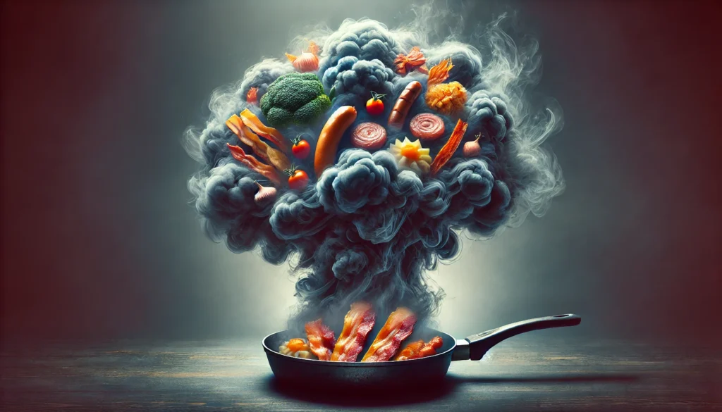 A surreal image of a frying pan filled with greasy fried foods like bacon and sausages, emitting dark, foggy vapor. The heavy and unhealthy foods symbolize their role in worsening brain fog symptoms and reducing mental clarity.