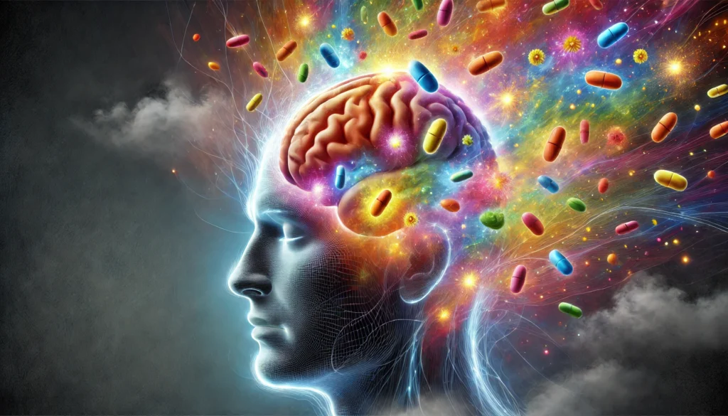 An artistic depiction of brain fog lifting due to vitamins, featuring a human head with a clouded brain surrounded by floating, colorful vitamin molecules. The brain begins to glow with vibrant energy, representing enhanced focus and cognitive sharpness.