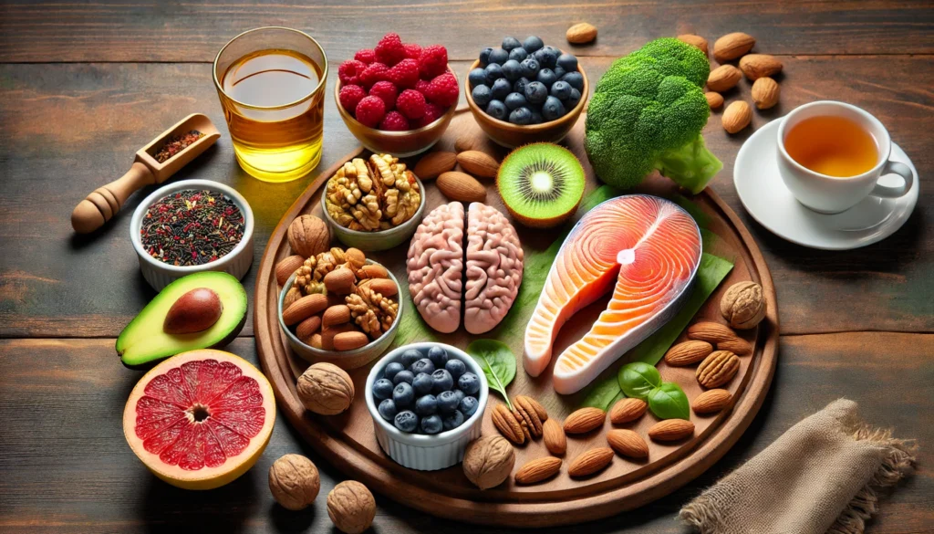 A nutritious meal with brain-boosting foods like nuts, berries, salmon, and green tea, beautifully arranged on a wooden table. The fresh ingredients symbolize essential nutrients for enhancing brain function and cognitive performance.