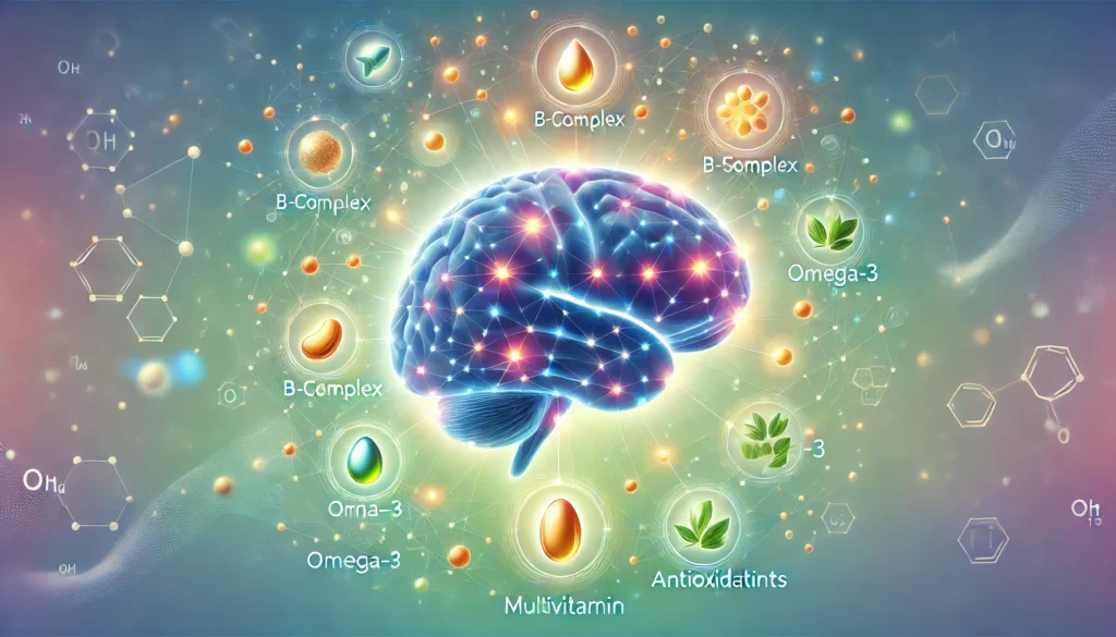 An artistic depiction of a glowing human brain surrounded by symbolic icons of vitamins like B-complex, omega-3, and antioxidants, set against a gradient blue and green background to emphasize brain multivitamin benefits.