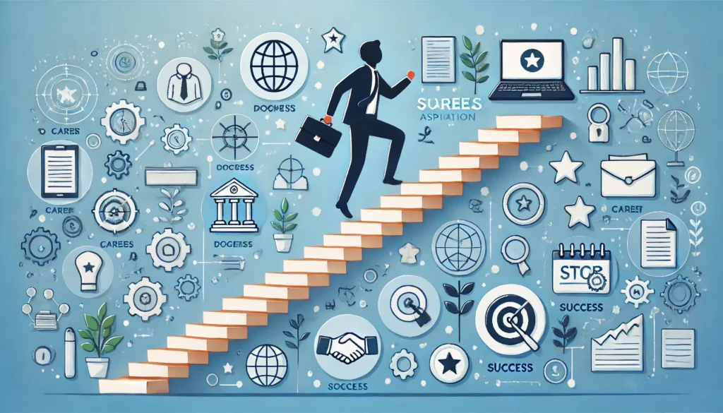 Person climbing a staircase towards career-related icons representing career aspirations, ambition, and professional growth in various fields