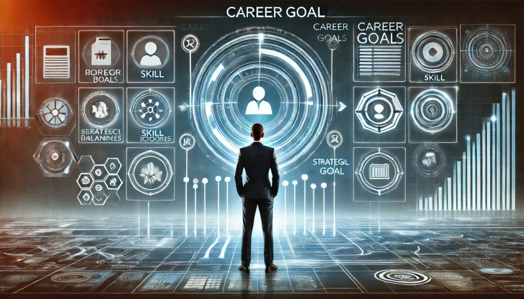 Professional individual analyzing a futuristic digital interface with career goal options, progress bars, and pathways symbolizing strategic planning and decision-making