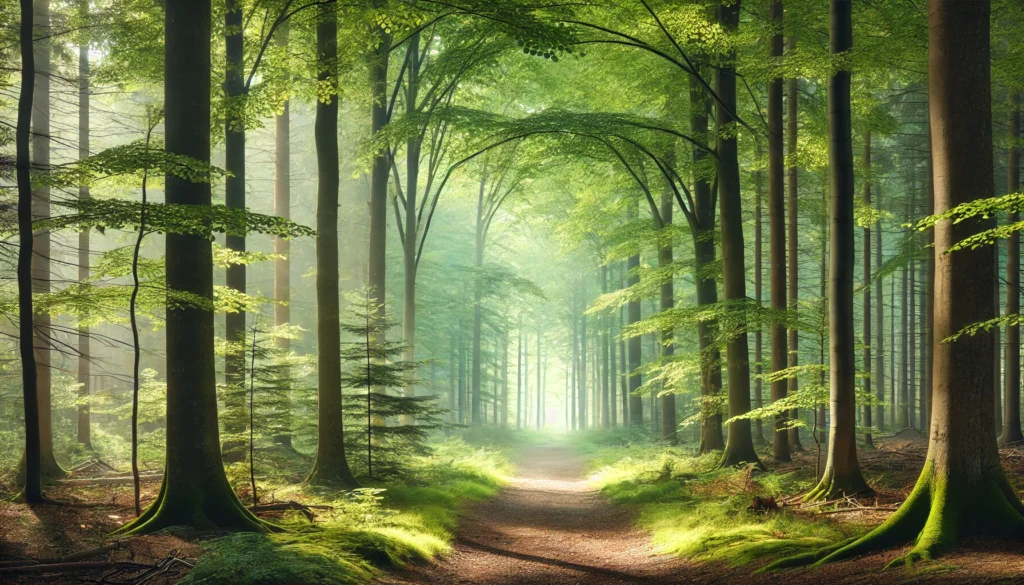 A tranquil forest with a clear path surrounded by tall green trees and soft sunlight filtering through the canopy, creating a calm atmosphere.