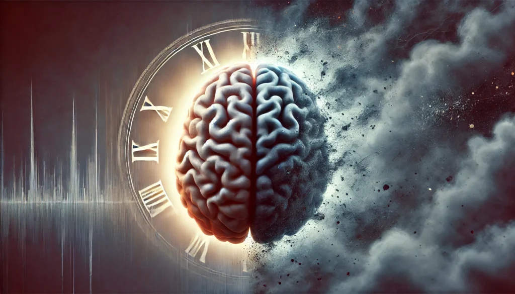 A symbolic depiction of sudden dementia onset, illustrating a brain with one half intact while the other side disintegrates into dust and fog. A fading clock in the background represents the rapid and unexpected progression of cognitive impairment.