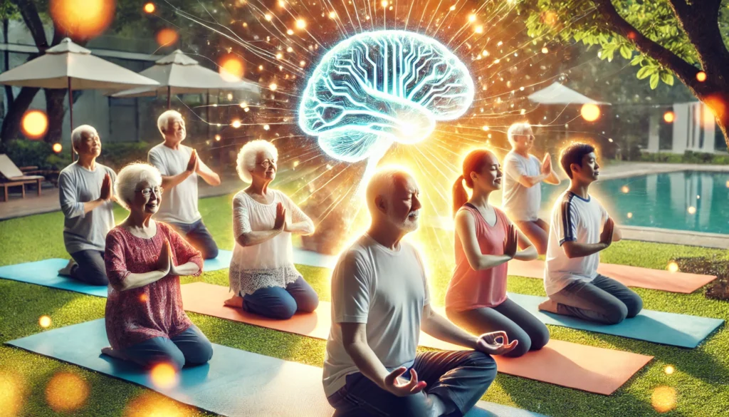 A group of seniors participating in a gentle yoga session in a bright outdoor setting. The glowing energy around them symbolizes the role of physical activity in dementia prevention and cognitive well-being.