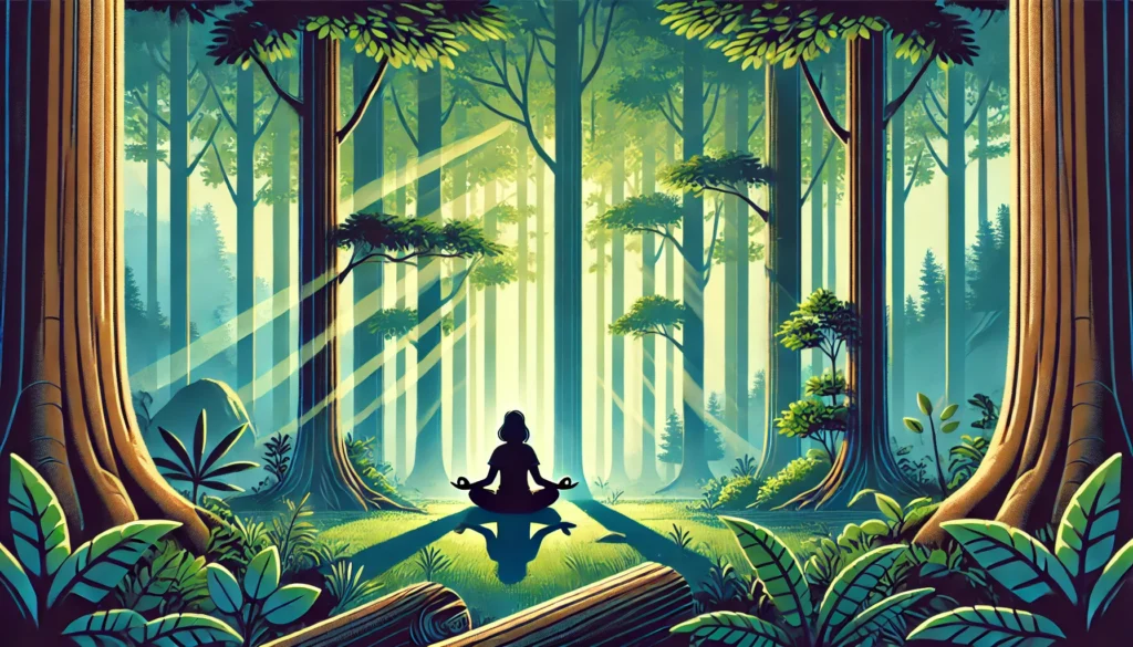 A person meditating in a tranquil forest setting, surrounded by tall trees and dappled sunlight, embodying a natural and serene 'how to chillax' moment.