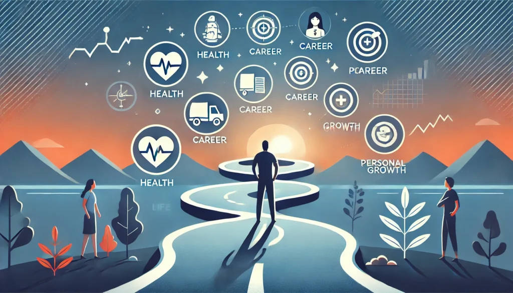 Inspiring illustration of a person at the start of a winding path leading to life goals like health, career, and personal growth, symbolizing ambition and the pursuit of success