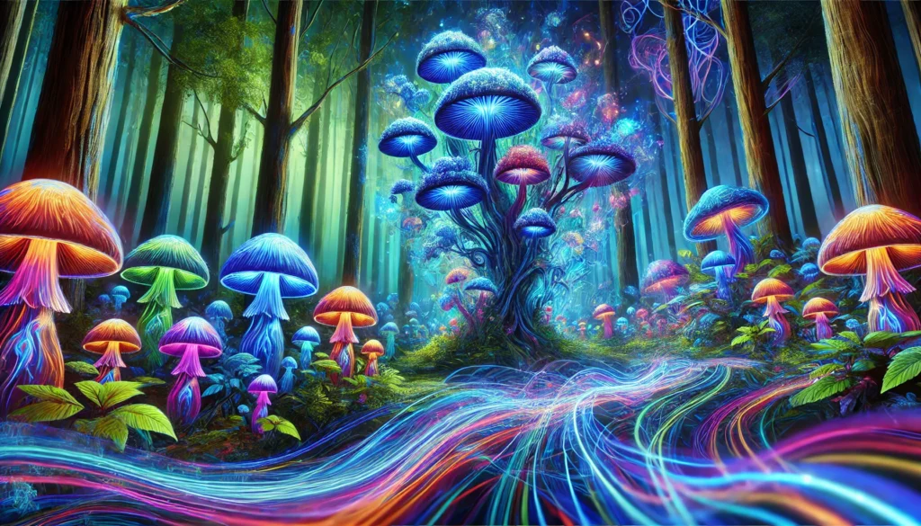 A widescreen psychedelic scene of a lush forest with glowing mushrooms and vivid neon colors, blending with abstract shapes and light trails to evoke a sense of cognitive exploration and nootropic effect