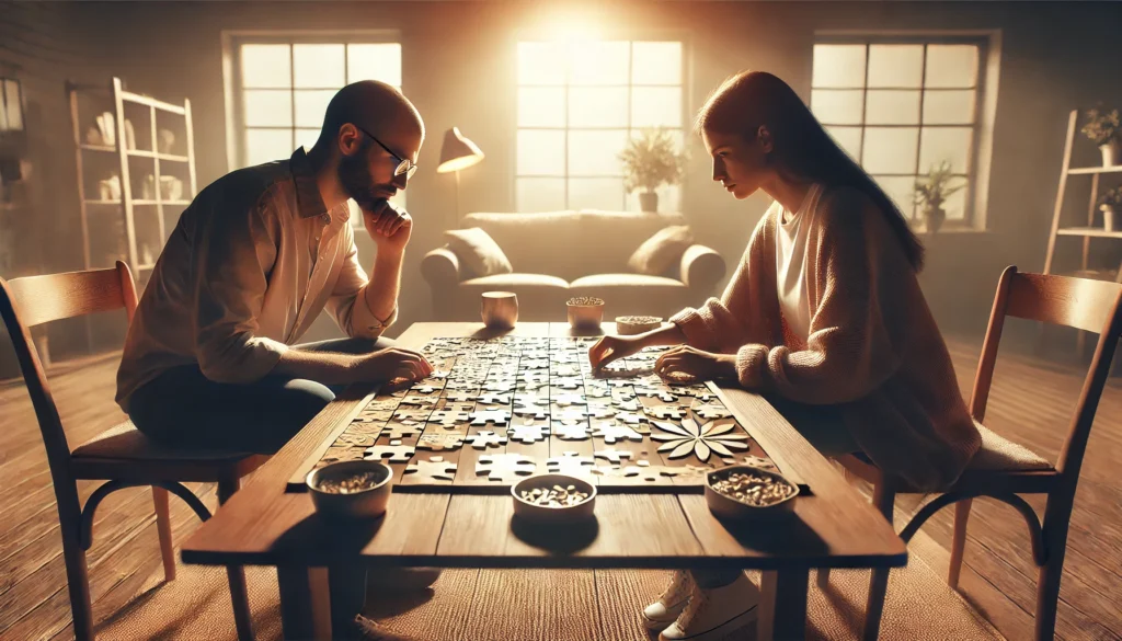 A cozy scene of two individuals seated at a small table, deeply engaged in solving an intricate jigsaw puzzle, with soft lighting and a comfortable room setting, emphasizing spatial reasoning as part of cognitive activities for adults.