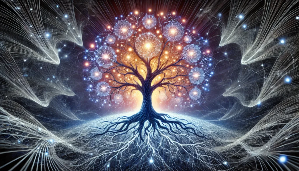 An artistic depiction of brain development and cognitive skills, illustrating a tree with glowing roots and branches. The branches extend into abstract neural patterns, symbolizing expanding intelligence and cognitive learning.