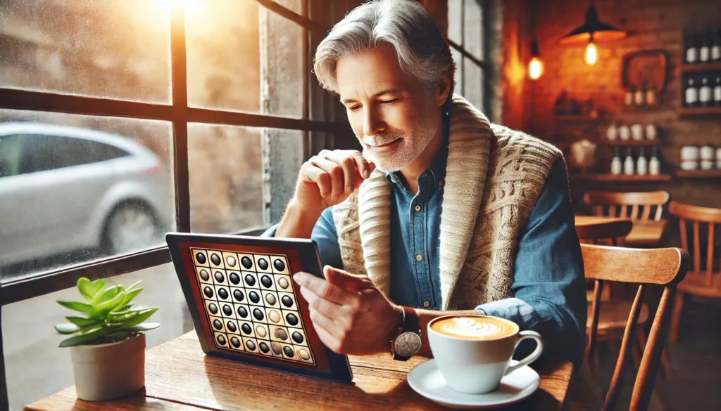 A cozy scene featuring a middle-aged person in a warm cafe setting, attentively playing a challenging online concentration game on a tablet, with a steaming cup of coffee nearby and natural light streaming in, highlighting concentration game online.