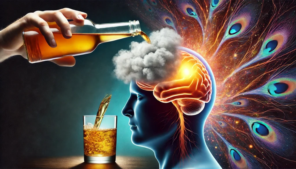 An artistic representation of alcohol consumption and memory health, depicting a glass of alcohol pouring into a human head. A cloudy mist forms in the brain, symbolizing cognitive decline, while a separate glowing pathway remains intact, representing the benefits of moderate drinking for brain preservation.