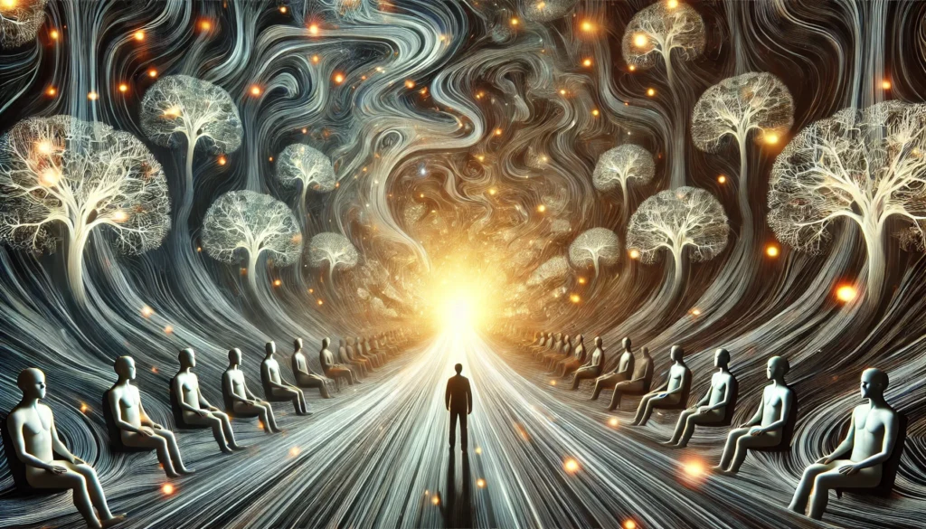 A surreal depiction of Cymbalta's impact on cognitive function, illustrating a person standing in a tunnel of swirling neural connections. They move from a dark, fragmented space into a bright, well-lit mental landscape, symbolizing improved neurotransmission and emotional balance.