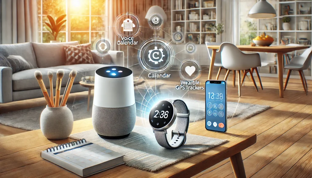 A modern smart home setup featuring dementia-friendly technology, including a voice assistant, smart calendar, and wearable GPS trackers, displayed in a bright living space, showcasing innovative memory aids.