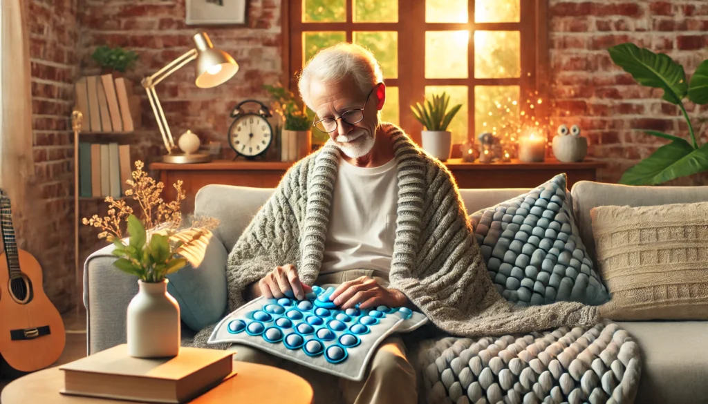 A serene lifestyle scene of an elderly person using a tactile memory aid, like a fidget blanket, in a cozy living room with warm lighting, emphasizing sensory stimulation for dementia care.