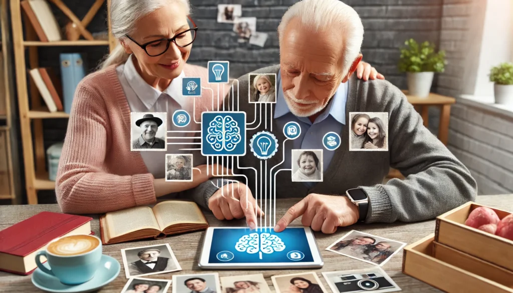 An engaging scene of an elderly individual and a caregiver using a tablet with a memory aid app, seated at a table surrounded by family photos and books, illustrating the integration of technology in dementia memory support.