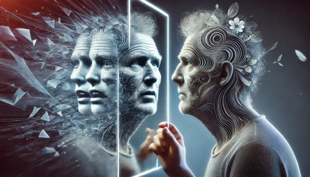 A conceptual visualization of a person's reflection in a mirror shifting and distorting, representing the personality changes in dementia patients. The reflection appears fragmented and surreal, with different emotional expressions fading in and out.