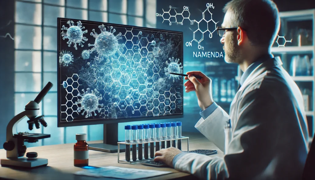 A researcher analyzing molecular structures on a computer screen in a lab, symbolizing the science and development of dementia drug Namenda.