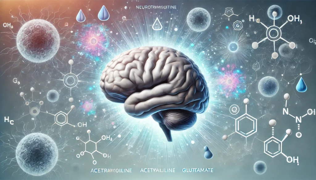 An artistic depiction of a human brain with highlighted areas affected by dementia, surrounded by abstract visuals of neurotransmitters like acetylcholine and glutamate, emphasizing the function of dementia medications.