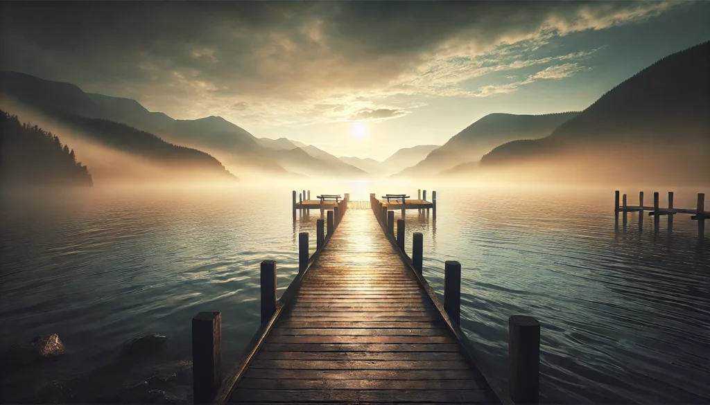 "A serene lakeside at sunrise, featuring a wooden dock extending into the water with misty surroundings and distant mountains, symbolizing hope and motivation during depression recovery."