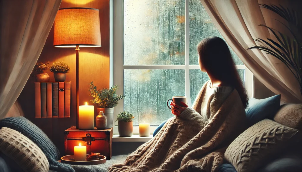 "A cozy indoor scene featuring a person near a large window, wrapped in a blanket with a warm cup of tea, gazing at gentle rain, promoting mindfulness and comfort for those dealing with depression."