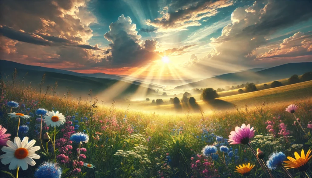  "An uplifting sunrise over a peaceful meadow filled with blooming wildflowers, symbolizing hope, renewal, and motivation for overcoming depression."