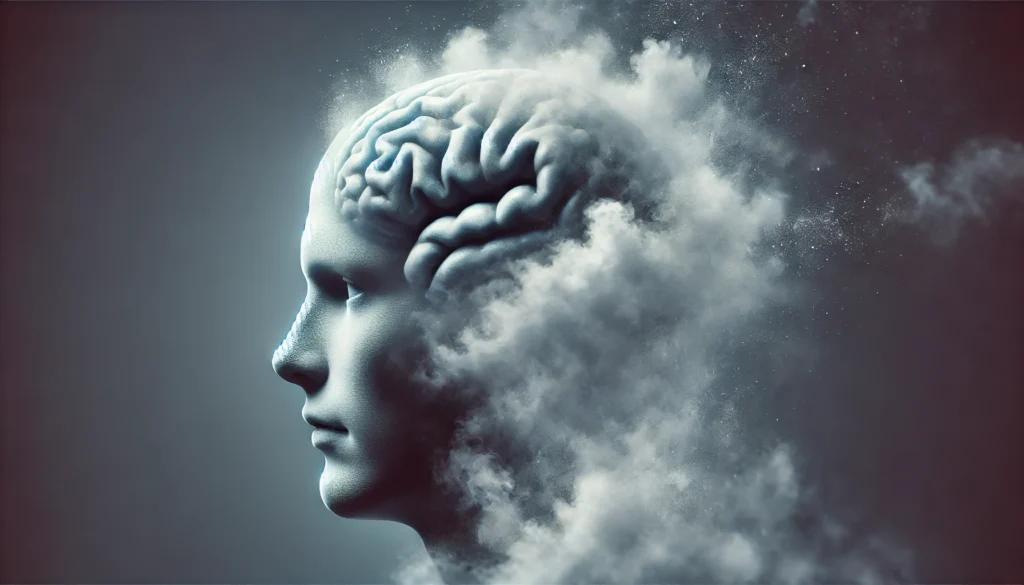 An artistic visualization of a human head dissolving into mist, symbolizing memory loss caused by depression. The fading brain structure represents forgetfulness, mental fog, and cognitive decline often associated with prolonged depressive episodes.