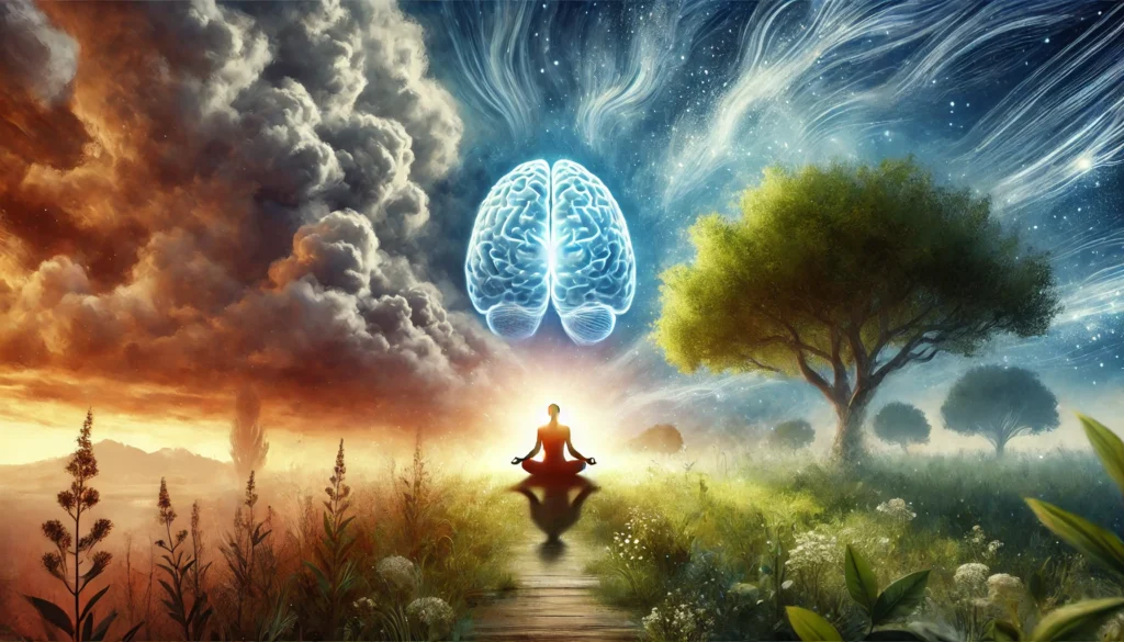 An artistic depiction of stress relief preserving cognitive health, featuring a person meditating in a tranquil, nature-filled environment. Their brain radiates a soft glow, while the background transitions from chaotic storm clouds to a clear, peaceful sky, symbolizing the connection between relaxation and dementia prevention.