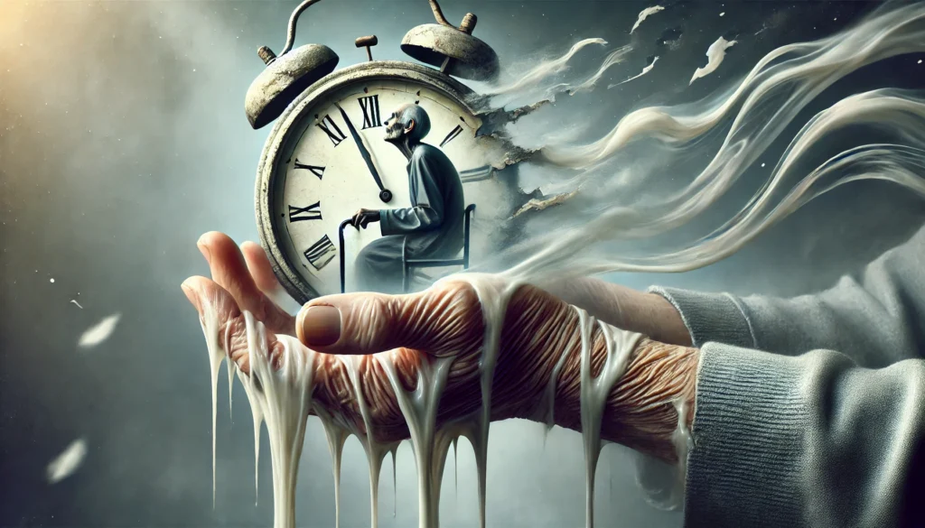 A surreal image of a clock melting and slipping away from an elderly person's hands, symbolizing time distortion and memory loss in dementia. The background is hazy, representing the difficulty in recalling daily events and routines.