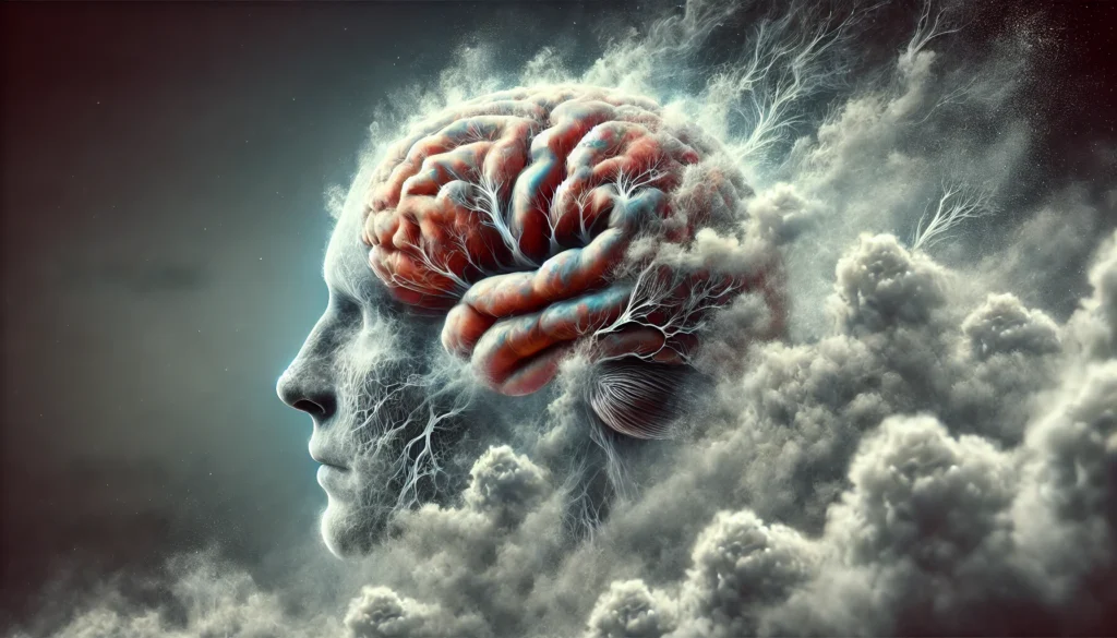 A surreal depiction of a brain dissolving into mist, symbolizing memory fog and cognitive effects linked to Effexor use. The fading neural structures illustrate the potential side effects of the medication on memory retention and mental clarity.