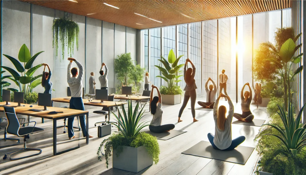 A bright and airy office environment where employees are participating in a wellness activity, such as yoga or stretching, surrounded by plants and natural light, representing the integration of health and employee motivation in the workplace