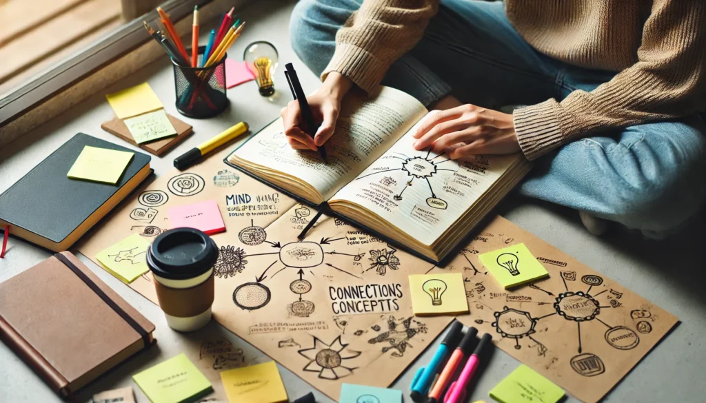 A person engaged in mind mapping while reading, drawing conceptual connections in a notebook. The organized workspace with colorful markers highlights strategic learning