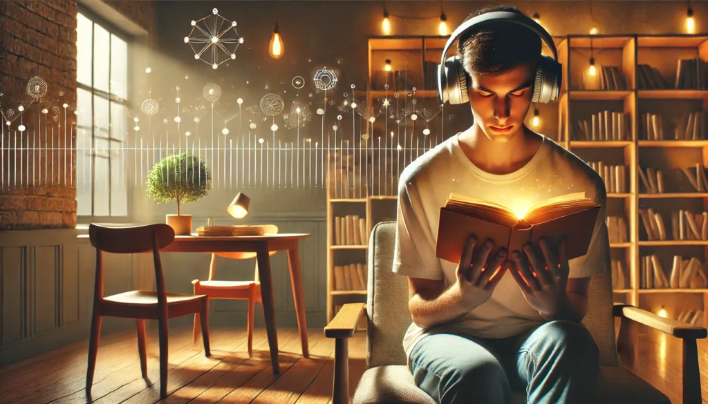 A serene reading environment featuring a reader with noise-canceling headphones, deeply immersed in a book. The background includes a bookshelf and warm lighting, enhancing focus