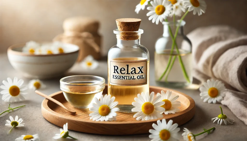 A tranquil scene with a glass bottle of relax essential oil on a wooden tray, accompanied by fresh chamomile flowers and a small bowl of oil, evoking a sense of calm and serenity.