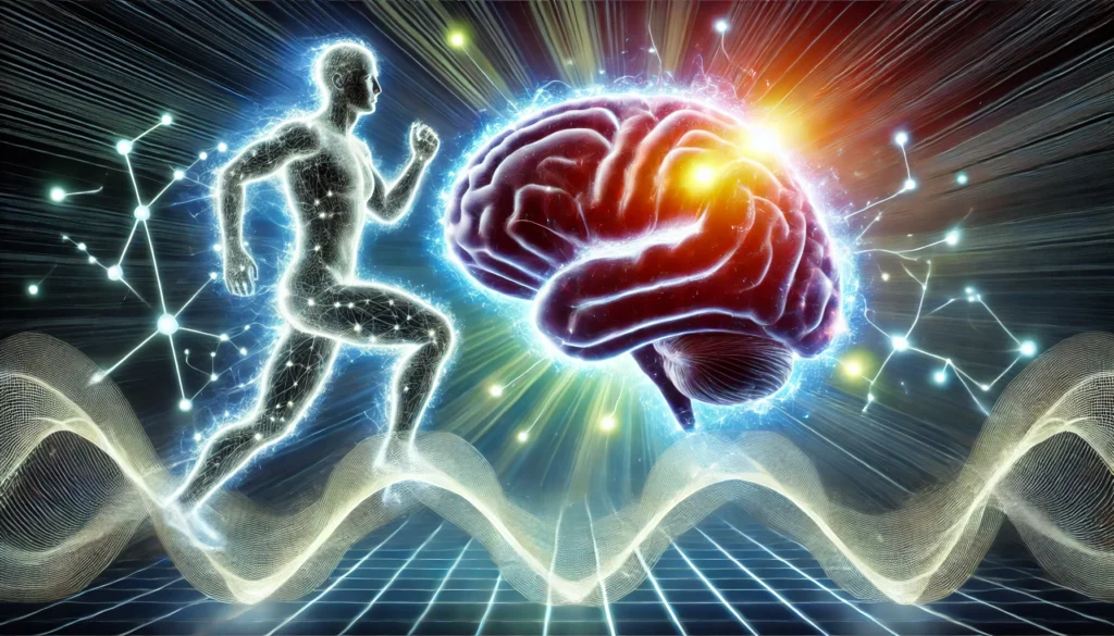 A surreal representation of a glowing human brain with energy waves connecting to an exercising person, symbolizing the link between physical activity and improved memory function. The bright neural pathways illustrate cognitive enhancement.