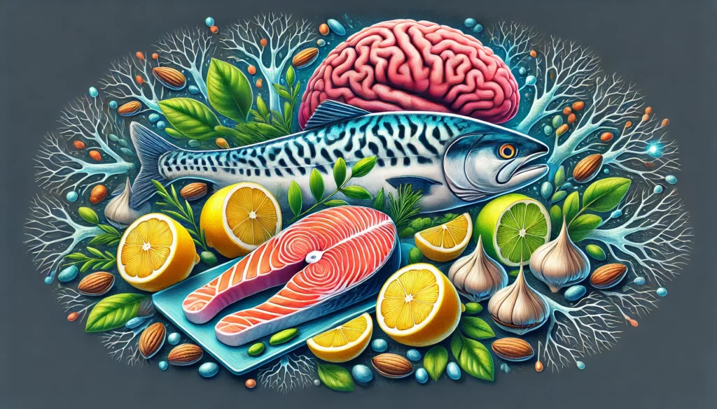 A detailed display of fatty fish, including salmon and mackerel, garnished with lemons and fresh herbs, symbolizing the connection between healthy fats and brain health with neuron patterns in the background