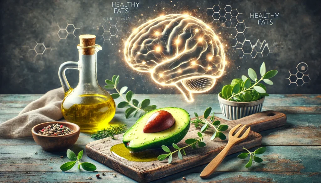 A beautifully sliced avocado on a wooden cutting board, drizzled with olive oil and surrounded by fresh herbs, with a glowing brain outline in the background representing the benefits of monounsaturated fats for brain function