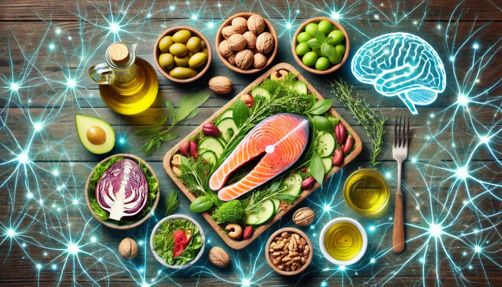 A vibrant Mediterranean-style meal layout featuring olive oil, fresh herbs, nuts, and fatty fish like salmon, with subtle neuron patterns in the background to emphasize the importance of healthy fats for brain health