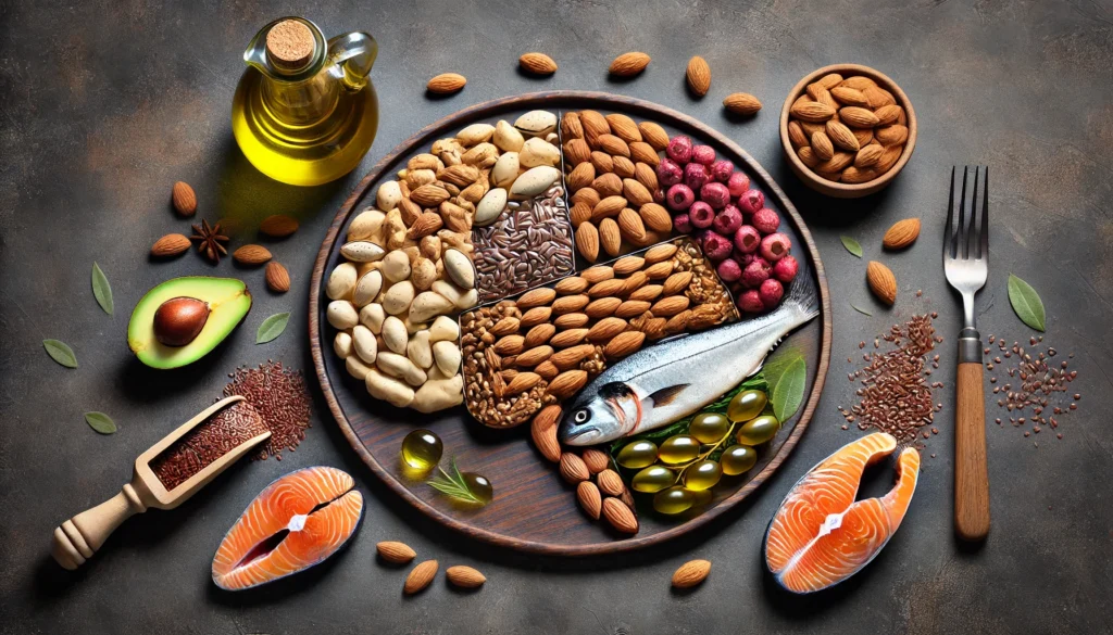 A beautifully arranged brain-shaped platter made of various healthy fats, including almonds, flaxseeds, olive oil, and fatty fish. The artistic composition emphasizes the connection between essential fats and cognitive health.